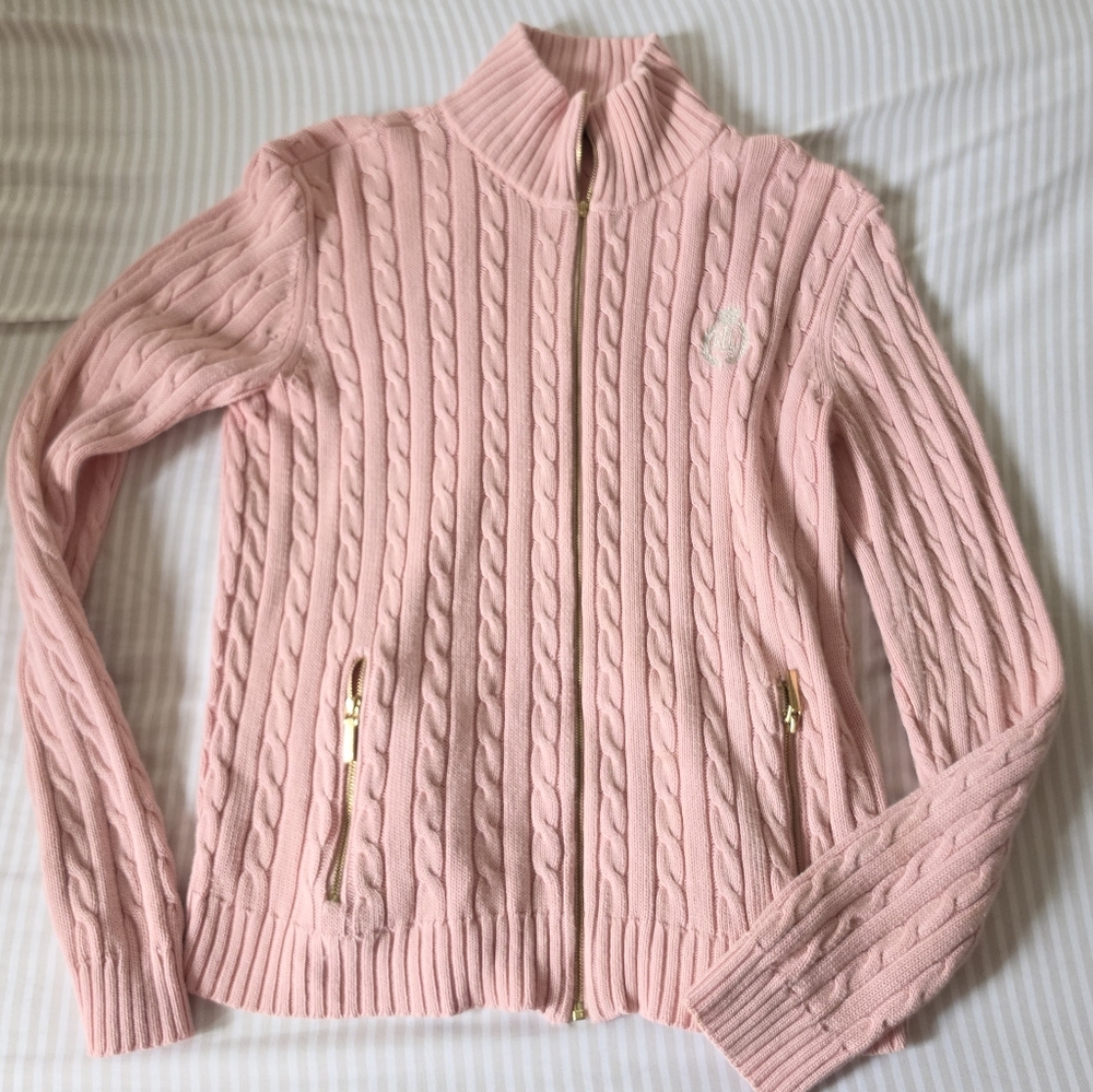 Lauren Ralph Lauren Pink Chunky Cable-Knit Full-Zip Sweater